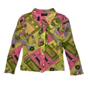 VTG Y2K 00s French Concept Paris Pink Green Euro AOP Fairy Artsy Ruffle Blouse S